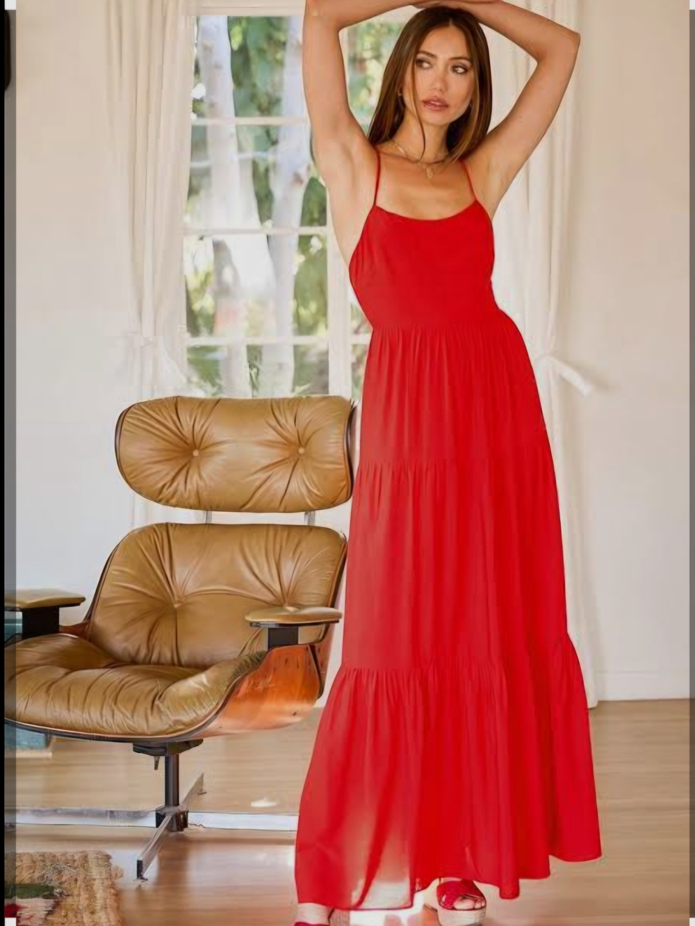 C&C California Linen/cotton Red Spaghetti-Strap Tiered Maxi Dress